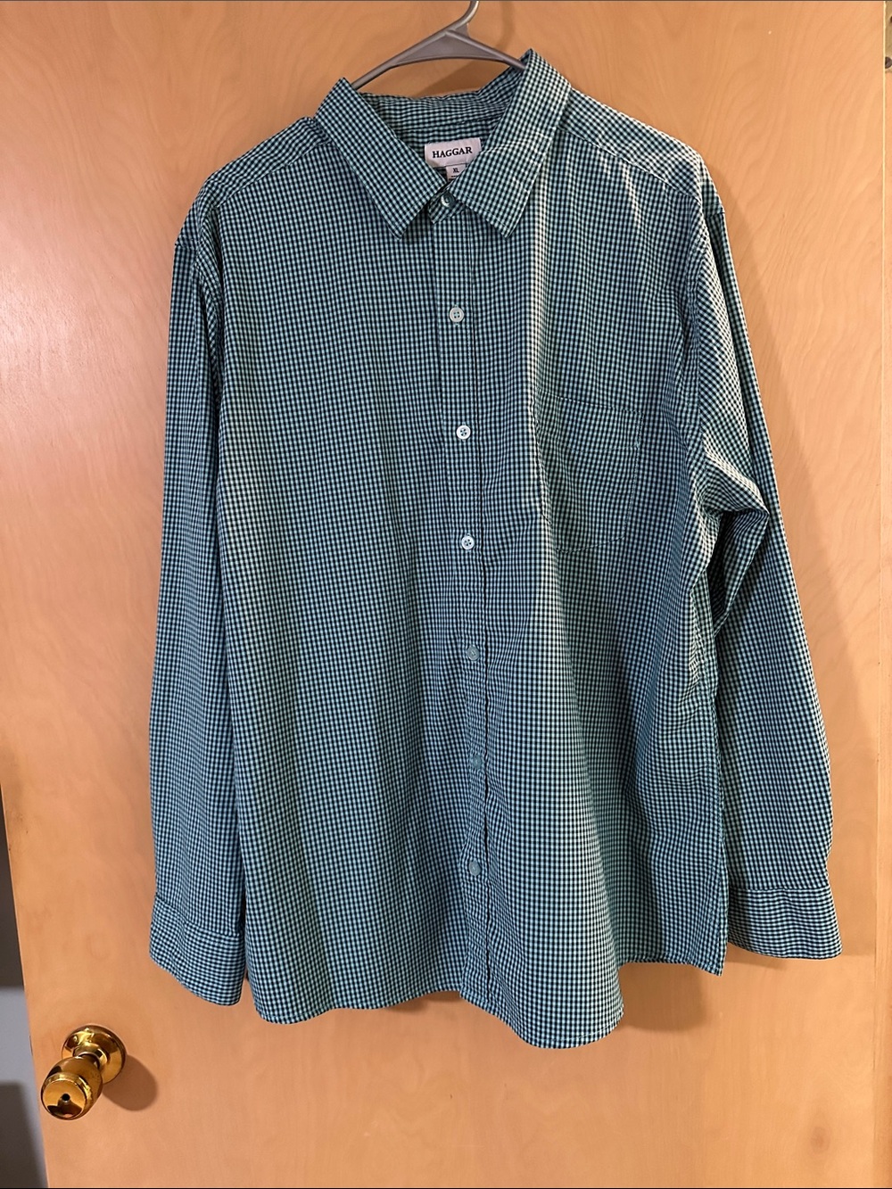 Haggar Men’s Blue-Green Micro Check Dress Shirt